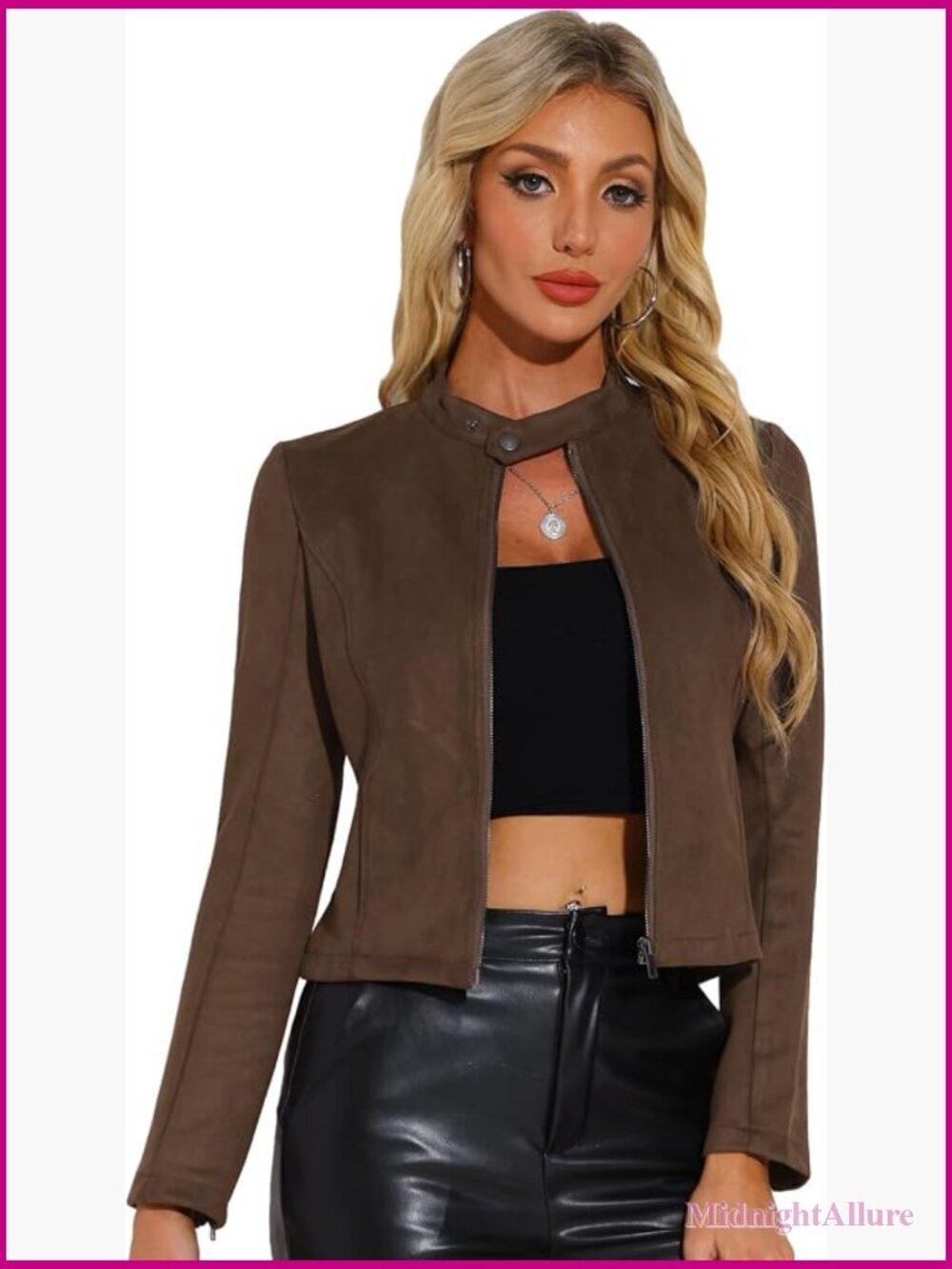 Faux Suede Moto Biker Jacket Stand Collar Zip Up Long Sleeve Crop